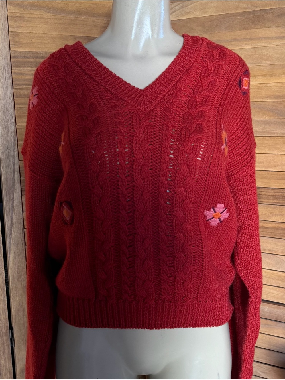 Women’s Deep Red V-Neck Cable Knit Sweater with Floral Embroidered Accents